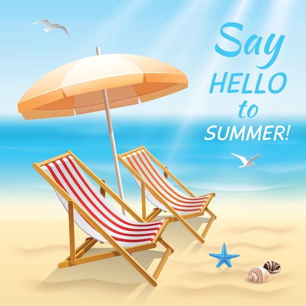 El fondo de la playa de las vacaciones de verano dice hola al papel pintado del verano con la silla del sol y el ejemplo del vector de la sombra.
