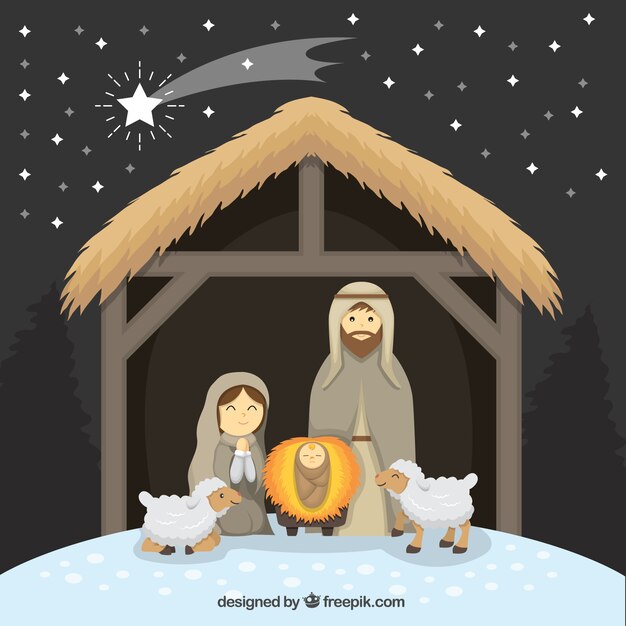 Fondo de portal de belén con adorables ovejas y estrella fugaz