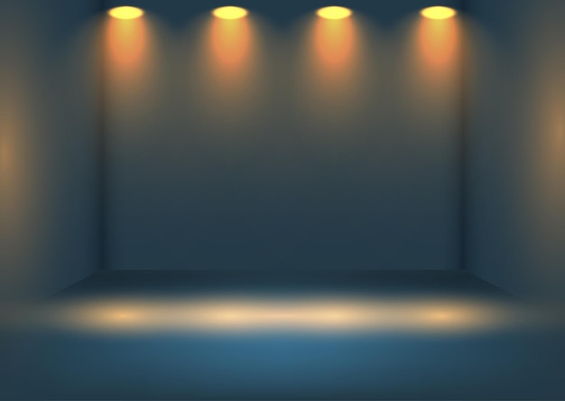 El fondo de la presentación con focos brillantes brillando en una habitación vacía