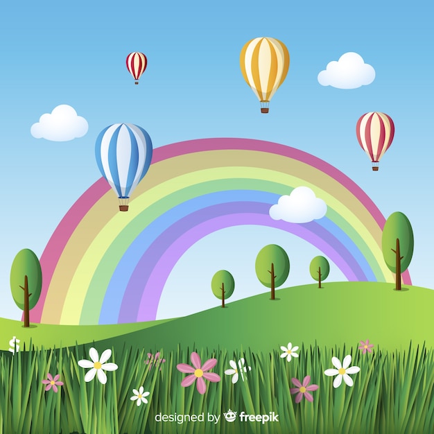 Vector gratuito fondo primavera campo con arco iris