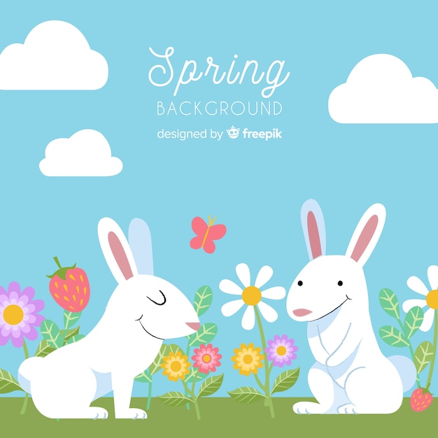 Fondo primavera conejos dibujados a mano