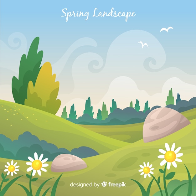 Vector gratuito fondo primavera paisaje dibujado a mano