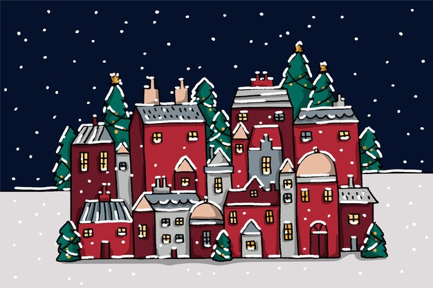 Fondo de pueblo de Navidad dibujado a mano