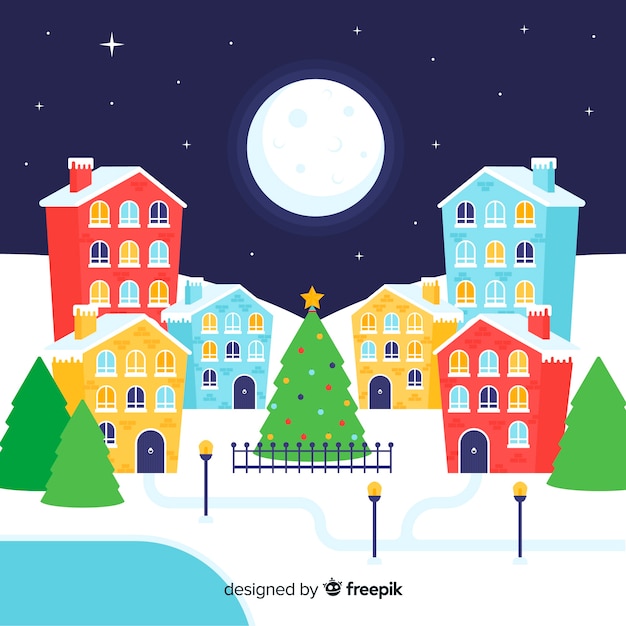 Vector gratuito fondo de pueblo de navidad hermoso flat