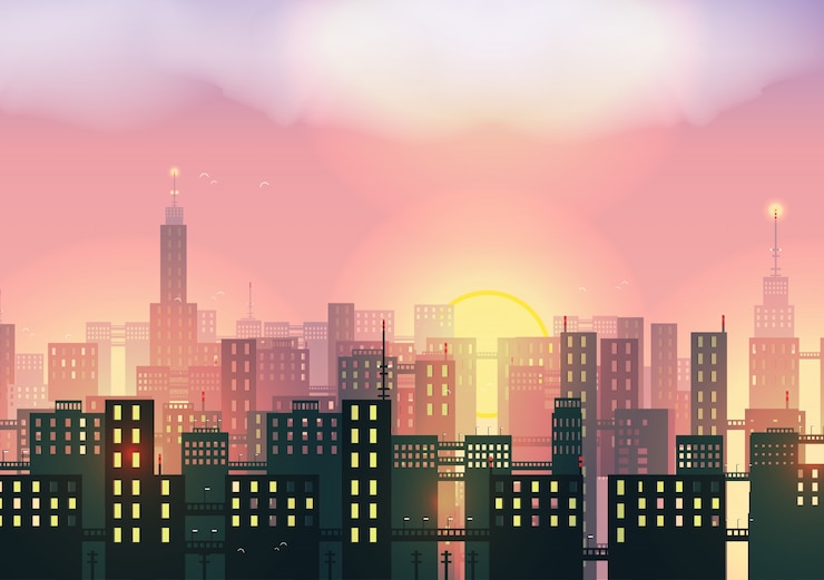 Vector gratuito fondo de puesta de sol en la ciudad
