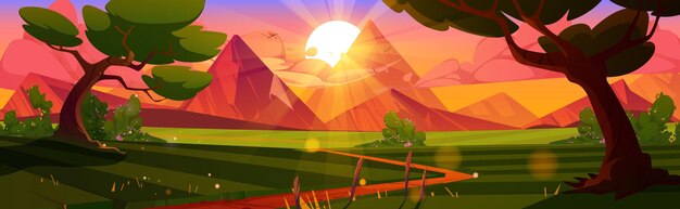 Fondo de puesta de sol de paisaje de naturaleza de dibujos animados