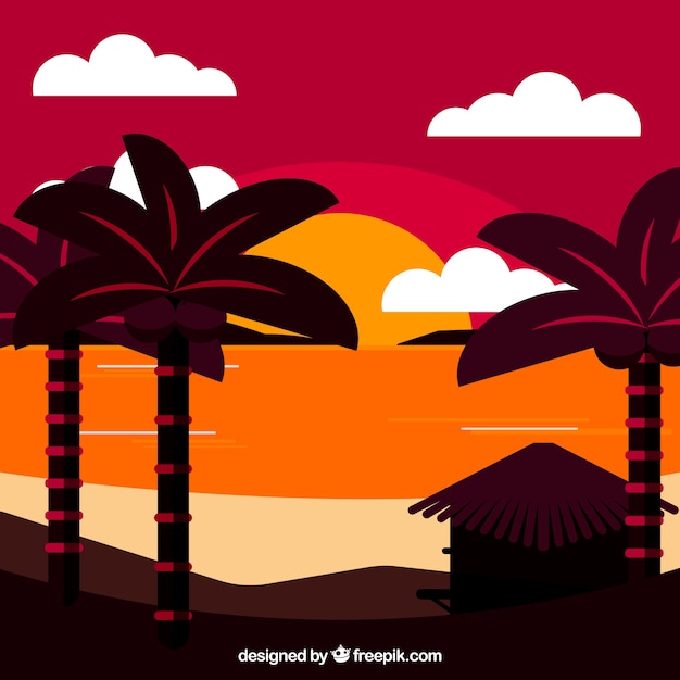 Vector gratuito fondo de puesta de sol con palmeras de diseño plano