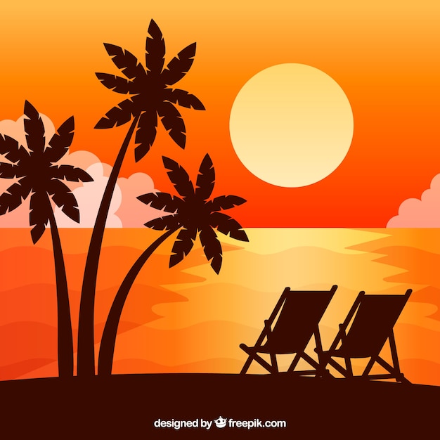 Fondo de puesta de sol con palmeras de diseño plano
