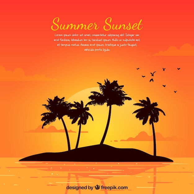 Vector gratuito fondo de puesta de sol con palmeras de diseño plano