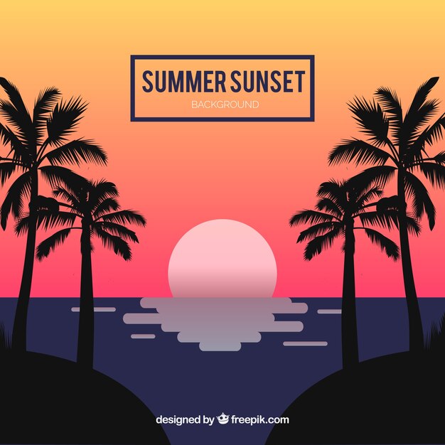 Fondo de puesta de sol con palmeras de diseño plano