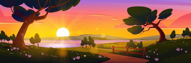 Fondo de puesta de sol de verano de paisaje de naturaleza de dibujos animados