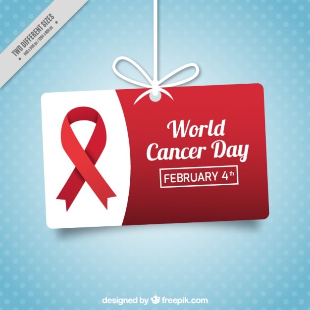 Vector gratuito fondo punteado azul con etiqueta colgando para el día mundial del cáncer