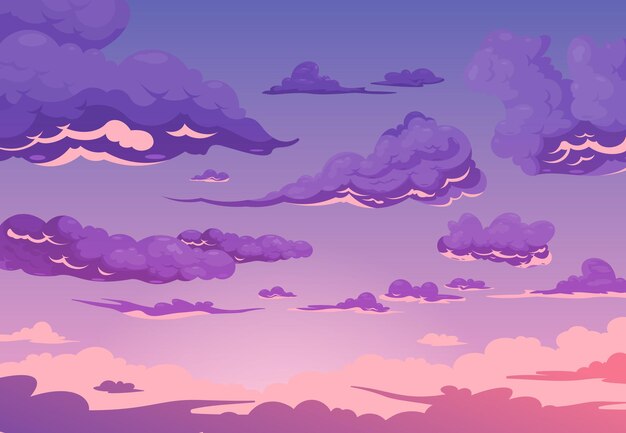 Fondo púrpura del cielo nublado de la tarde con el grupo de cúmulos y nubes cirros ilustración de dibujos animados plana