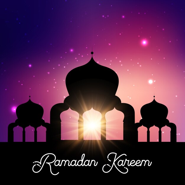 Fondo de Ramadán Kareem con el cielo nocturno de la silueta de la mezquita