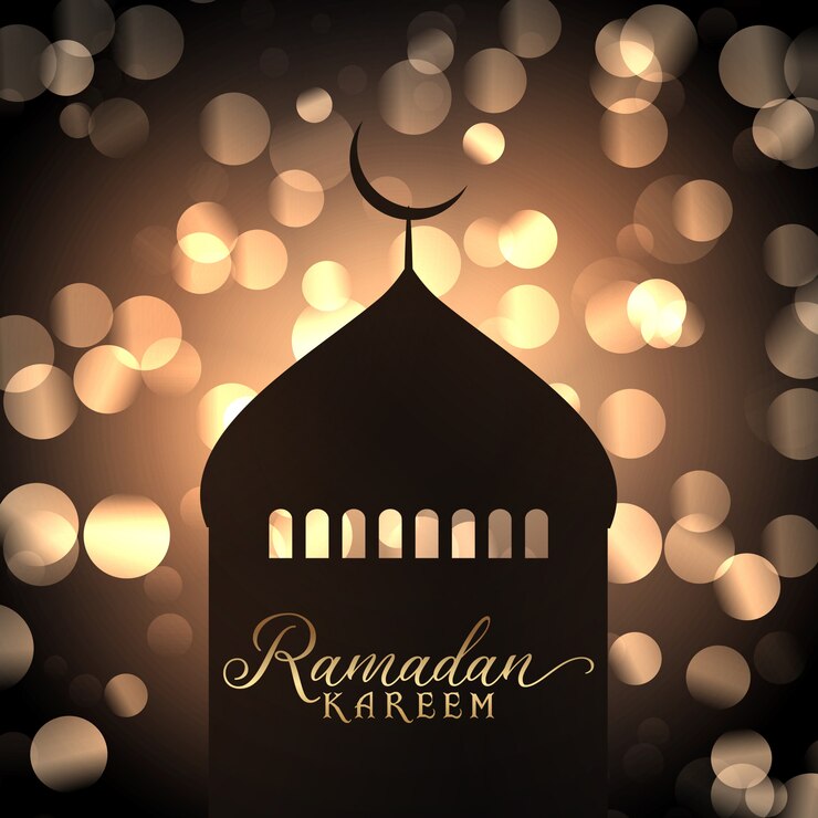 Vector gratuito fondo de ramadán kareem con silueta de mezquita contra luces bokeh de oro