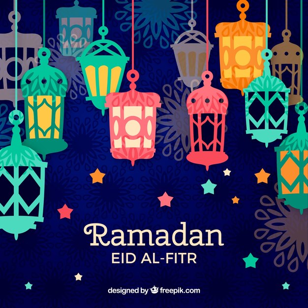 Fondo de ramadán con lámparas coloridas en estilo hecho a mano