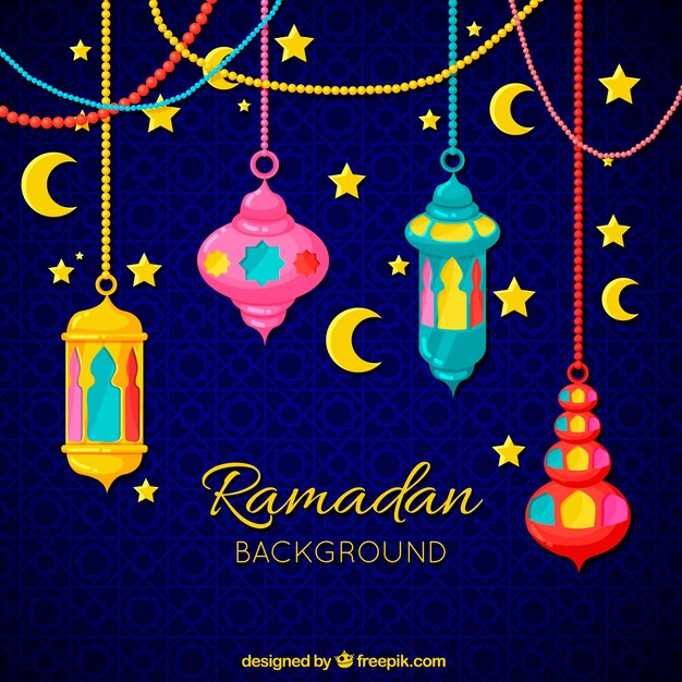Fondo de ramadán con lámparas coloridas y ornamentos