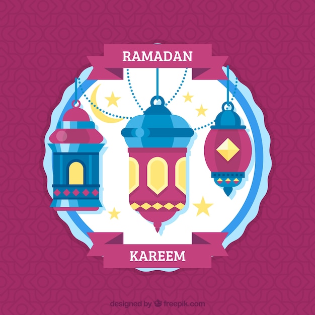 Vector gratuito fondo de ramadán con lámparas coloridas y ornamentos