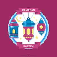 Vector gratuito fondo de ramadán con lámparas coloridas y ornamentos