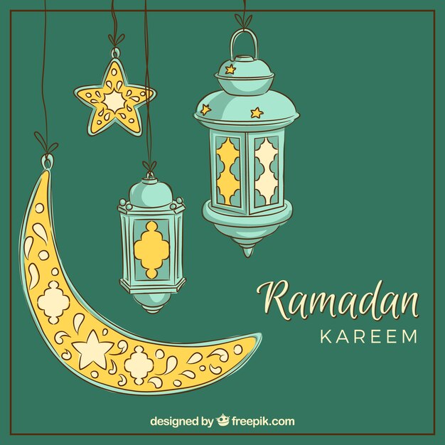 Fondo de ramadán con luna y lámparas en estilo hecho a mano