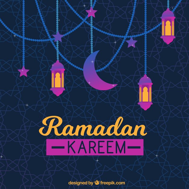 Fondo de ramadán con luna y lámparas