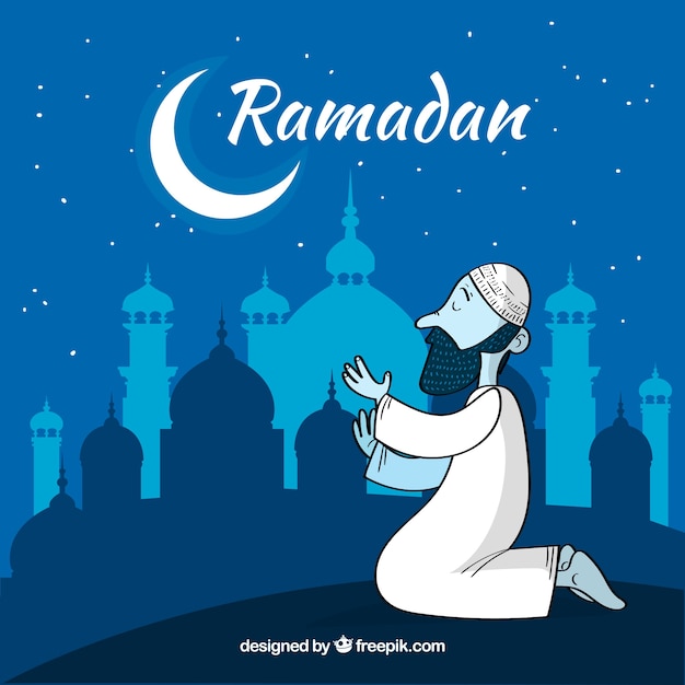 Vector gratuito fondo de ramadán con mezquita en estilo hecho a mano