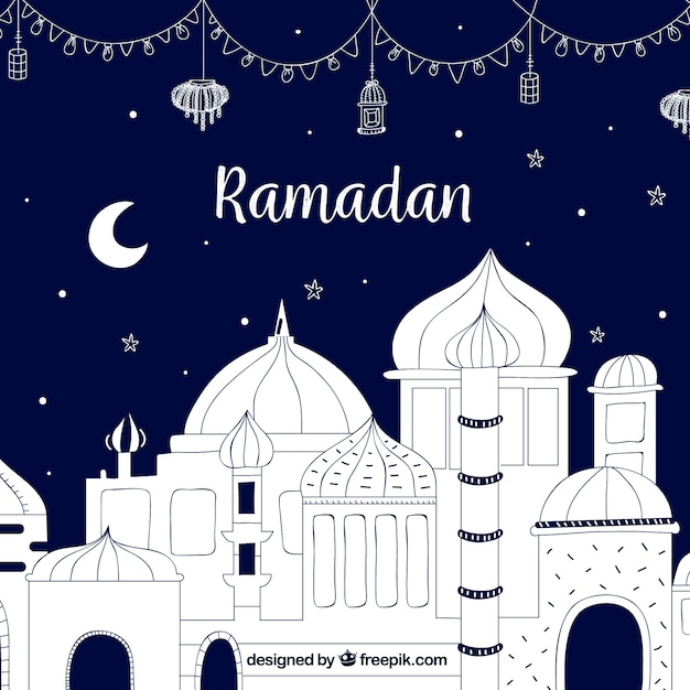 Vector gratuito fondo de ramadán con mezquita en estilo hecho a mano