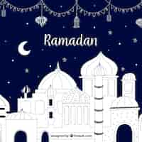 Vector gratuito fondo de ramadán con mezquita en estilo hecho a mano