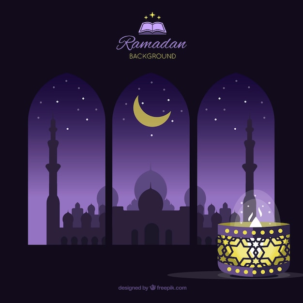 Vector gratuito fondo de ramadán con silueta de mezquita