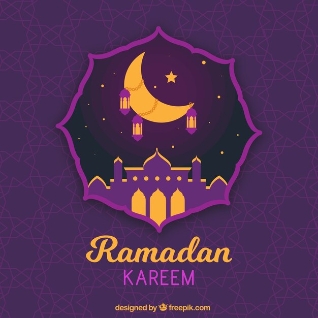 Fondo de ramadán con silueta morada de mezquita