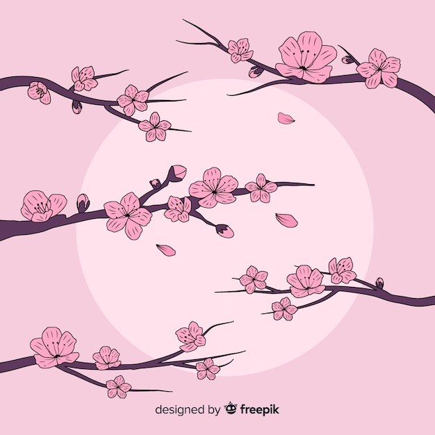 Vector gratuito fondo de ramas y flor de cerezo dibujado a mano