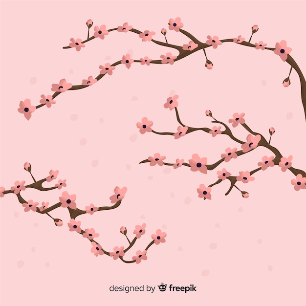 Fondo de ramas y flores de cerezo dibujado a mano