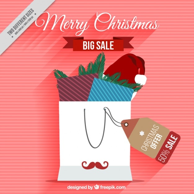 Fondo de rayas con bolsa de compras navideñas