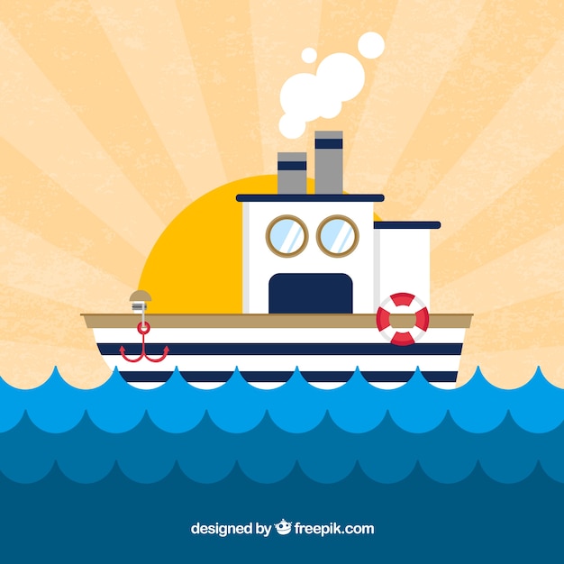 Vector gratuito fondo de rayos de sol con barco y olas en diseño plano