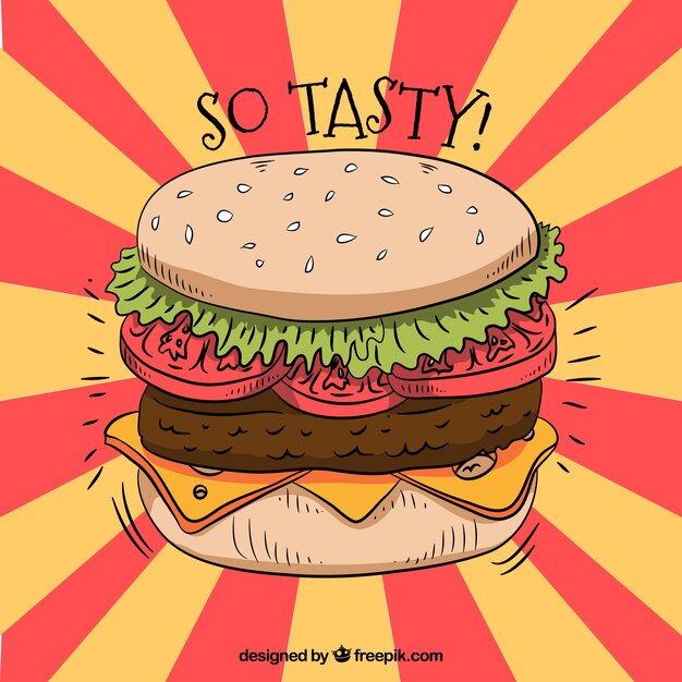 Fondo de rayos de sol de hamburguesa dibujada a mano