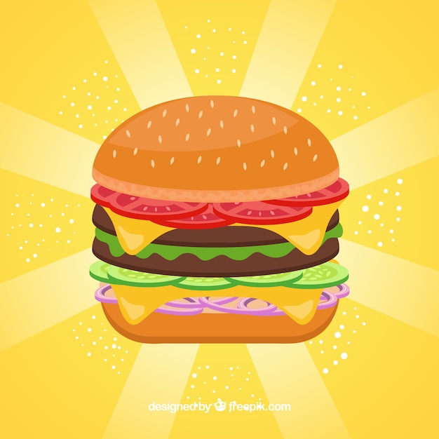 Vector gratuito fondo de rayos de sol de hamburguesa sabrosa