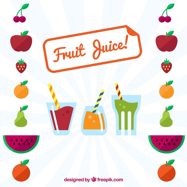 Fondo de rayos de sol con zumos y frutas decorativas