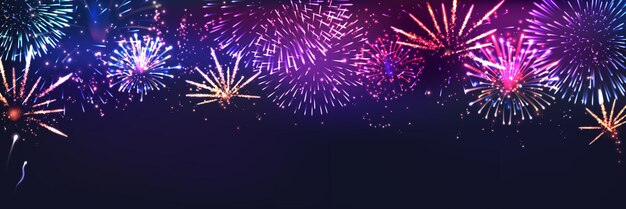 Fondo realista de animación de fuegos artificiales con ilustración de vector de símbolos de celebración y vacaciones