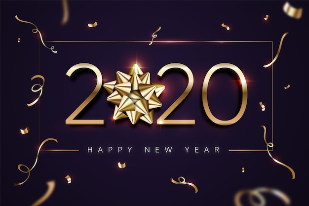 Fondo realista de año nuevo 2020 con lazo de regalo dorado