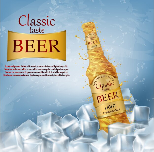 Fondo realista, banner de promoción con botella remolino abstracta de cerveza dorada artesanal