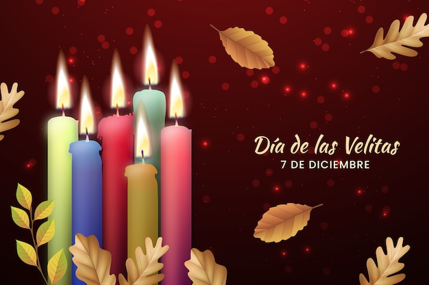 Vector gratuito fondo realista para la celebración del día de las velitas con velas y hojas.
