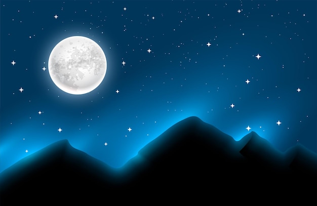 Fondo realista de cielo nocturno lleno de luna y estrellas con efecto de luz
