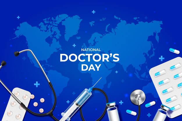 Fondo realista del día nacional del médico con estetoscopio y mapa mundial