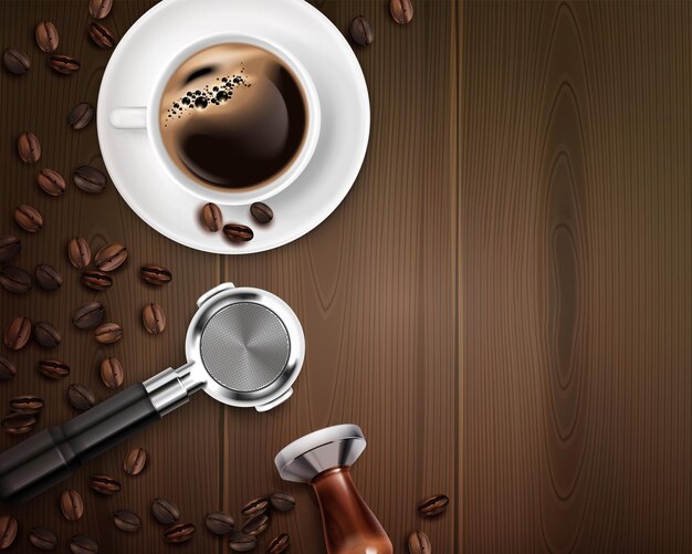 Fondo realista con equipo de barista y taza de café en la mesa de madera