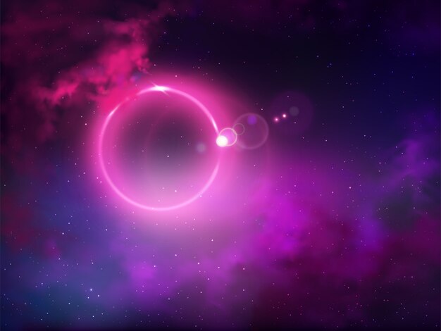 Fondo realista del extracto del vector de la opinión del espacio exterior del horizonte del acontecimiento del agujero negro. Anomalía de luz o eclipse, anillo de luz fluorescente brillante con halo violeta en cielo estrellado con ilustración de nubes