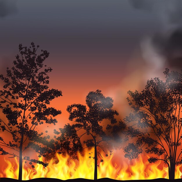 Fondo realista de incendios forestales con humo de árboles en llamas y resplandor rojo en la ilustración de vector de cielo nocturno