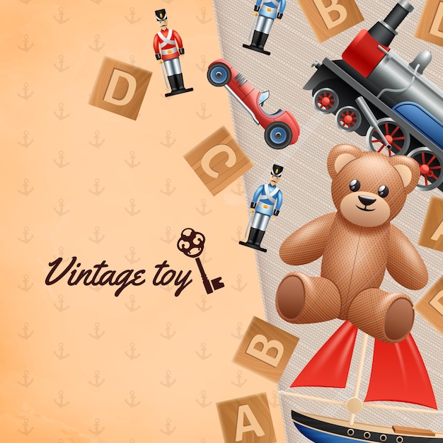 Vector gratuito fondo realista de juguetes vintage con coche de soldado de juguete y oso de peluche