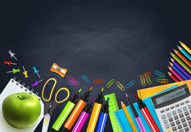 Fondo realista de regreso a la escuela con marcadores, cuadernos, calculadora, regla de manzana en pizarra