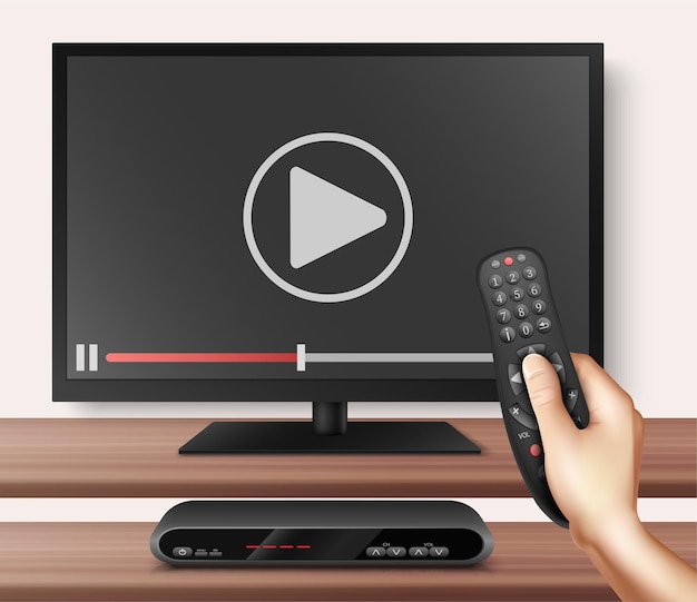 Fondo realista de tecnología de televisión moderna con TV inteligente y control remoto en mano humana que detiene la ilustración de vector de transmisión de video