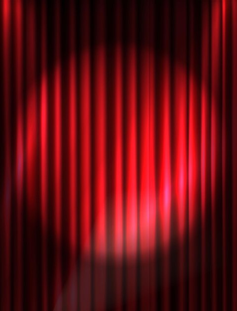 Fondo realista vectorial. Escenario de cortina roja con foco. Espectáculo de teatro musical.